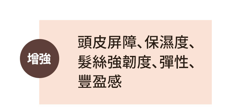 增強 頭皮屏障、保濕度、 髮絲強韌度、彈性、 豐盈感