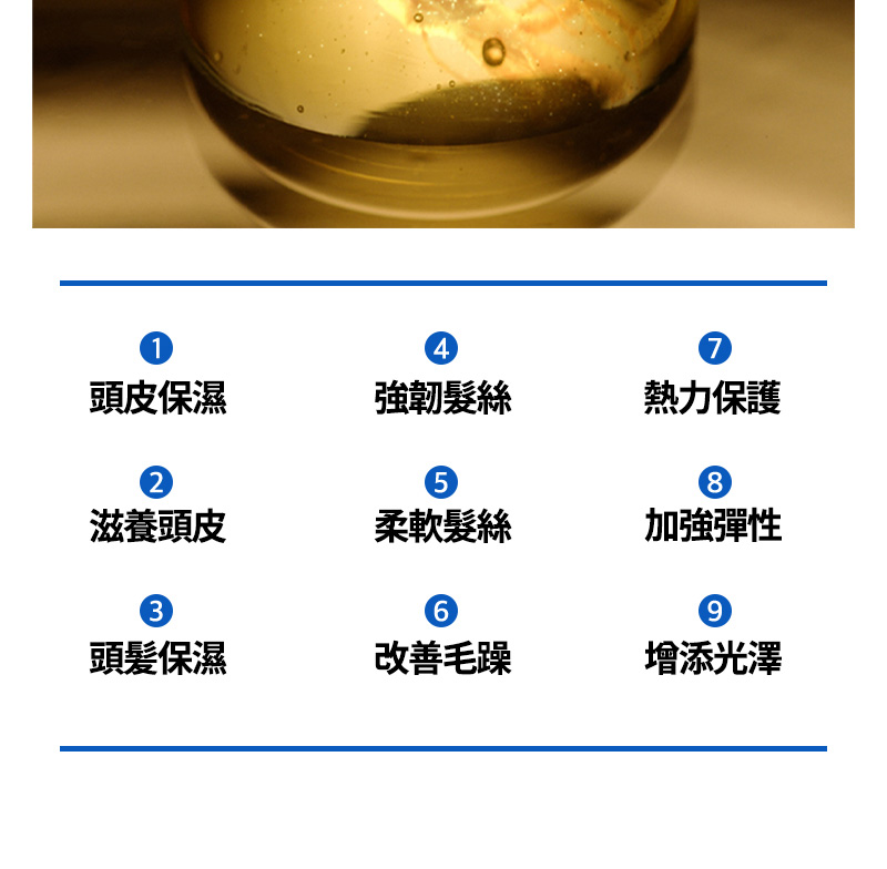 1. 頭皮保温 2. 滋養頭皮 3. 頭髪保濕 4. 強韌髮絲 5. 柔軟髮絲 6. 改善毛躁 7. 熱力保護 8. 加強彈性 9. 增添光澤