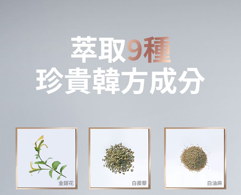 萃取9種 珍貴韓方成分 金銀花 白装黎 白油麻