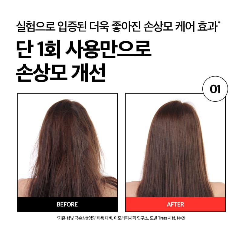 실험으로 입증된 더욱 좋아진 손상모 케어 효과* 단 1회 사용만으로 손상모 개선 BEFORE & AFTER 비교 이미지/ *기존 함빛 극손상&영양 제품 대비, 아모레퍼시픽 연구소, 모발 Tress 시험, N=21