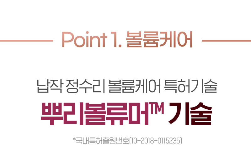Point 1. 볼륨케어 납작 정수리 볼륨케어 특허기술 뿌리볼류머™기술 *국내특허출원번호(10-2018-0115235)