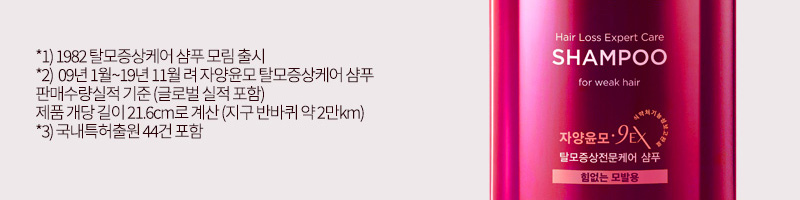 *1) 1982 탈모증상케어 샴푸 모림 출시 *2) 09년 1월~19년 11월 려 자양윤모 탈모증상케어 샴푸, 판매수량실적 기준 (글로벌 실적 포함), 제품 개당 길이 21.6cm로 계산 (지구 반바퀴 약 2만km) *3) 국내특허출원 44건 포함